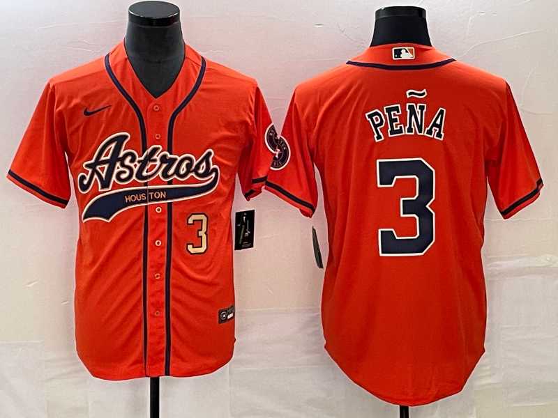 Mens Houston Astros #3 Jeremy Pena Number Orange With Patch Cool Base Stitched Baseball Jersey